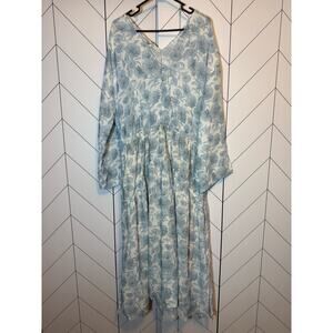 Vince Women’s 1X Dahlia Print Long Sleeve White Blue Floral V-neck Midi Dress